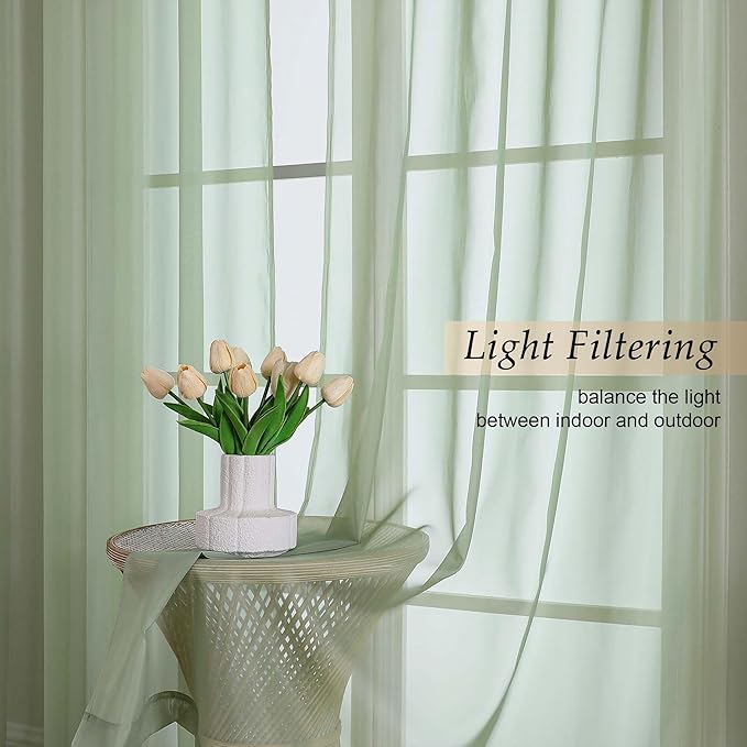 Sage Green Sheer Curtains 84 Inches Long 2 Panels Set for Bedroom Living Room, Soft Airy Light Filtering Modern Solid Rod Pocket Drapes Window Treatments, Each 59" W x 84" L