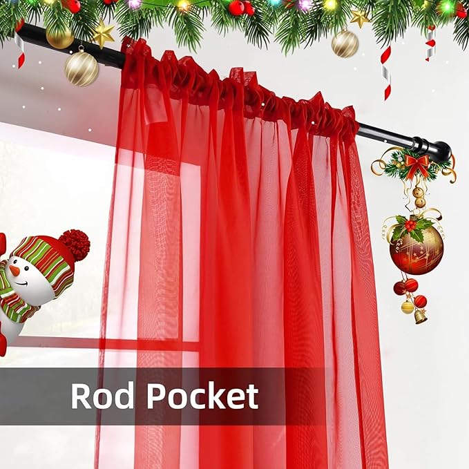 youleyar Solid Sheer Rod Pocket Curtain Voile Draperies 4 Panels White Beige Black Grey Ivory 52 Inch Width 90 Inch Long 1 Pair for Kitchen Bedroom Children Living Room Yard(Red,52 Wｘ90 L)