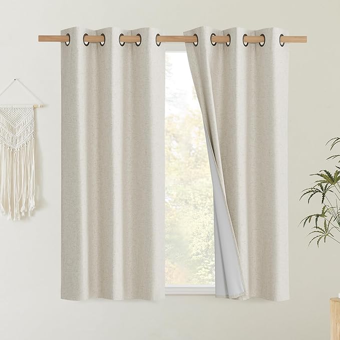 NICETOWN Natural Linen Curtains 45" Long with Noise Reducing for Small Window, 42" Wide, 2 PCs, Complete Blackout Drapes, Thermal Insulated & Noise Reducing Window Draperies with White Liner