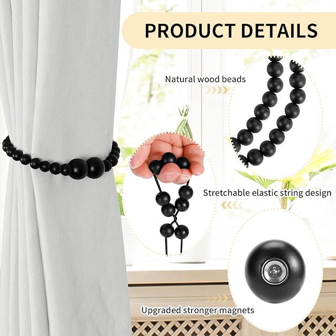 Magnetic Curtain Tiebacks, 2 Pack Curtain Holdbacks for Draperies, Wood Bead Curtain Tiebacks, Elegant Curtain Tie Backs for Bedroom Decor, Boho Room Decor, Nursery Decor, Farmhouse Decor