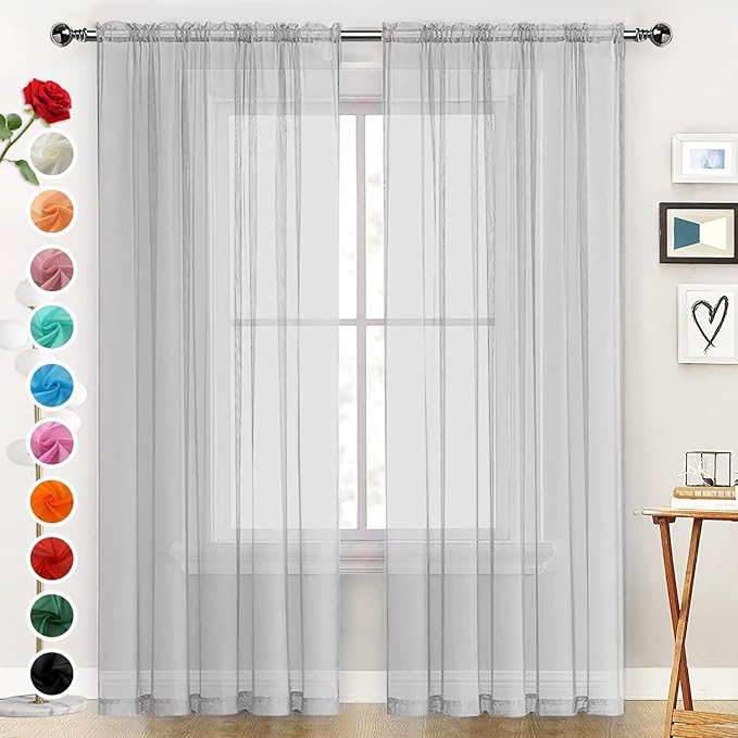 SpaceDresser Basic Rod Pocket Sheer Voile Window Curtain Panels Silver Grey 1 Pair 2 Panels 52 Width 72 Inch Long for Kitchen Bedroom Children Living Room Yard（Silver Grey, 52W x 72L）