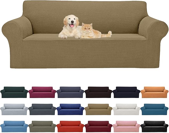 Cupuamon 2026 New Stretch Oversized Sofa Slipcovers Couch Sofa Cover for 4 Seater Furniture Protector Covers with Elastic Bottom Jacquard Fabric Small Checks for Pets, Kids - Tan