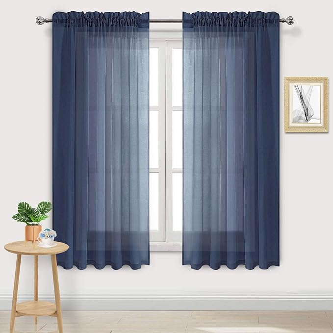 DWCN Navy Blue Sheer Curtains Semi Transparent Voile Rod Pocket Curtains for Bedroom and Living Room, 60 x 63 inches Long, Set of 2 Panels