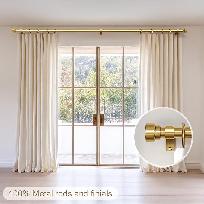 Lootkell Gold Curtain Rods for Windows 66 to 120 Adjustable Modern Curtain Rod 1 inch Diameter Heavy Duty with Solid Metal Finials for Living Room Bedroom Farmhouse Outdoor Patio