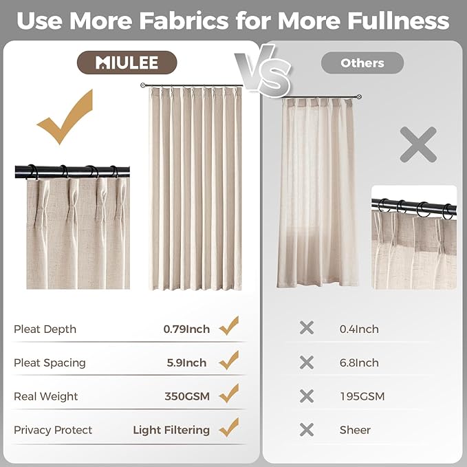 MIULEE Pinch Pleated Thick Linen Curtains 96 Inches Long 2 Panels for Living Room Bedroom, Memory Trained Pleat Drapes Light Filtering Cream Ivory Semi Sheer Window Curtains Hooks Rings Back Tab