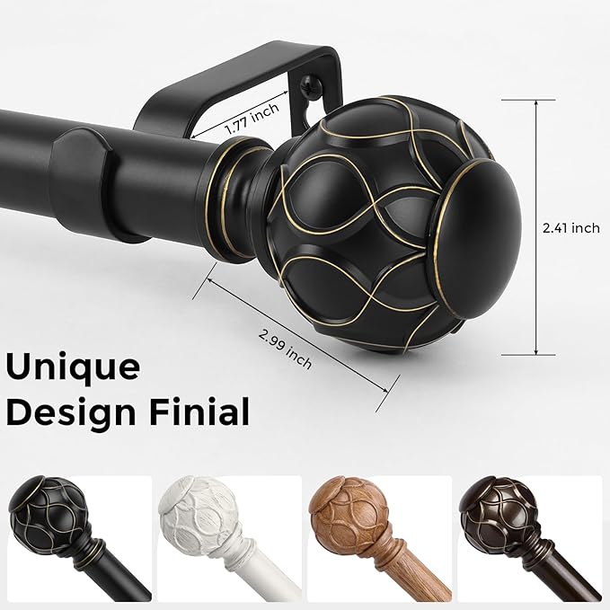 Long Black Curtain Rod, Heavy Duty 1 Inch Decorative Curtain Rods for Windows 66 to 120 Inch, Single-Side Adjustable Vintage Rustic Matte Black Drapery Pole with Boho Netted Texture Finials