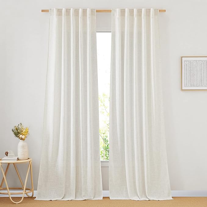NICETOWN Linen Curtains 92 inches Long, Rod Pocket & Back Tab Semi Sheer Flax Linen Burlap Window Treatments Privacy with Light Filtering for Doorway/Living Room, Natural, W37 x L92, 2 Panels