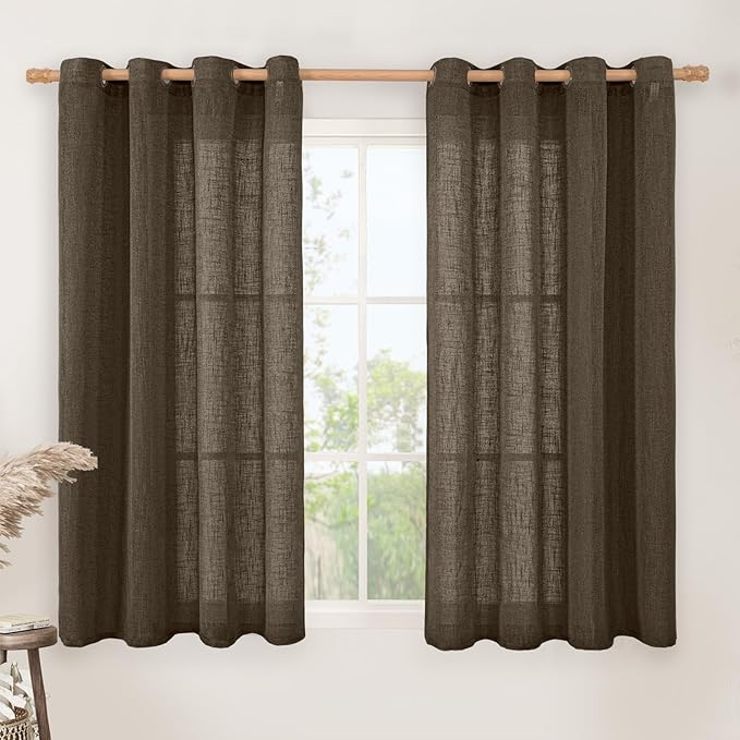 LAMIT Semi Sheer Linen Curtains 45 Inches Long, Linen Textured Light Filtering Panels Bronze Grommet Neutral Drapes for Kitchen/Window/Bedroom, Dark Brown, 2 Panels, 52 x 45 Inch