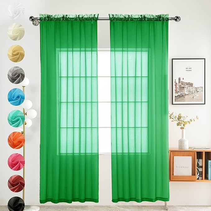 youleyar Solid Sheer Rod Pocket Curtain Voile Draperies 2 Panels White Beige Black Grey Coffee 52 Inch Width 108 Inch Long 1 Pair for Kitchen Bedroom Children Living Room Yard (Green,52Wｘ108L)