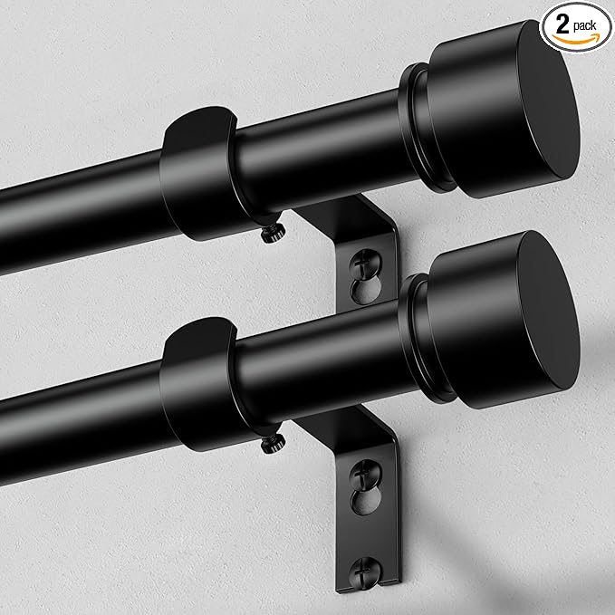 2 Pack Curtain Rods for Windows 30 to 56 Inch, Black Modern 1 Inch Window Treatment Rods with Black End Cap Finials, Decorative Adjustable Heavy Duty Easy Install Drapery Rods for Bedroom