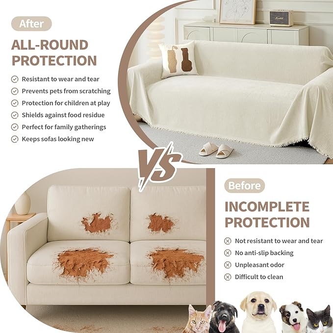 Couch Cover for Dogs, Boho Sofa Covers for 3 Cushion Couch, Chenille Sofa Slipcover for Pets Washable, L-Shape Sectional Couch Cover Soft Throw Blankets with Tassels(91x150,Cream)