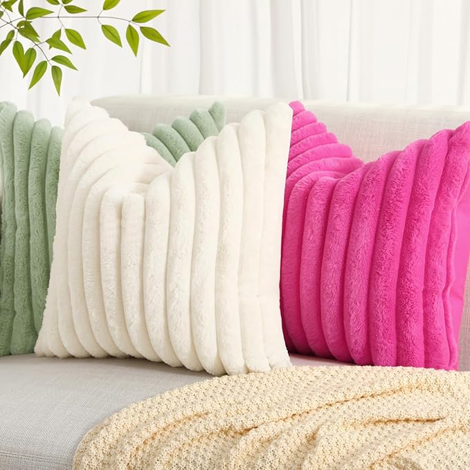 decorUhome Summer Cozy Faux Fur Throw Pillow Covers 18x18 Set of 2 Decorative Soft Plush Striped Modern Farmhouse Boho Couch Pillow Cases with Velvet Back for Sofa Bed Living Room, Sage Green