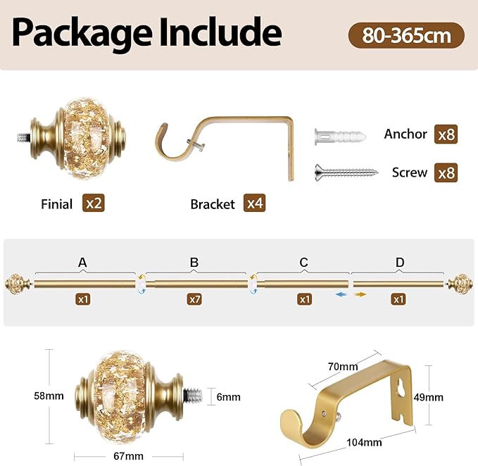Curtain Rods for Windows 72 to 144 Inch, USFOOK 7/8 inch Luxury Gold Curtain Rod 32 to 144 Inch, Telescoping Splicing Drapery Rods with Decorative Translucent Finials