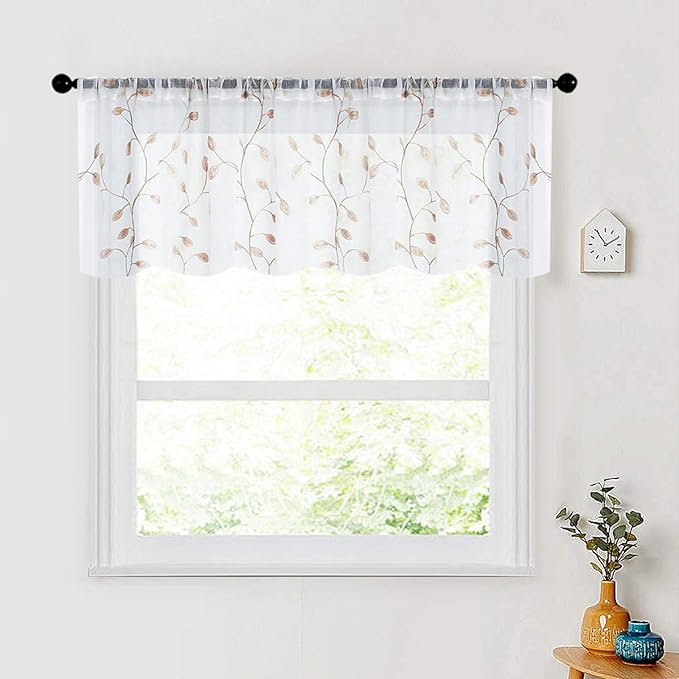 MRTREES Voile Sheer Curtain Valances, Leaves Embroidered Valance Curtains Rod Pocket, Small Sheer Window Curtain Treatment for Bedroom/Living Room/Kitchen/Basement(1 Panel, 54x16 Inches, Taupe Leaves)