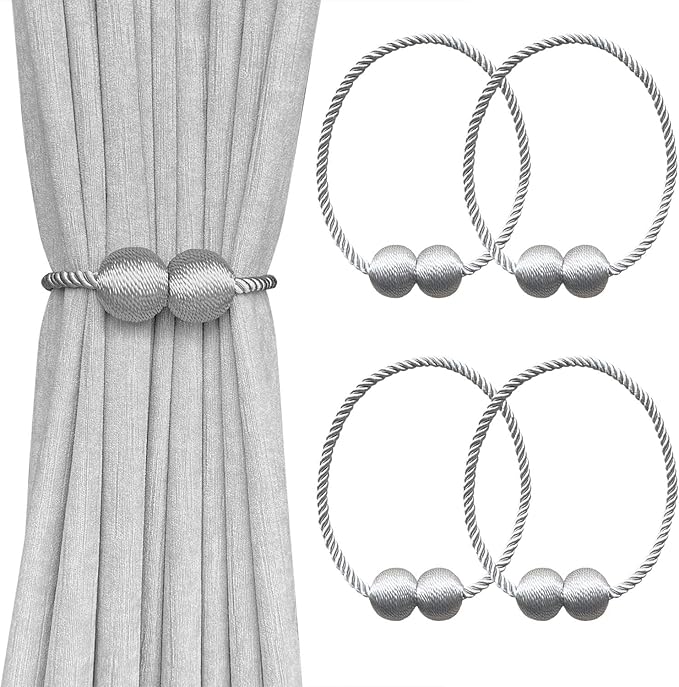 Melaluxe 4 Pack Magnetic Curtain Tiebacks, Decorative Curtain Holdbacks for Window Décor (Grey)