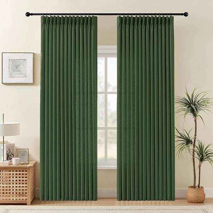Pinch Pleated Sheer Curtains 84 Inches Long for Living Room, Linen Blend Curtain Rustic Textured Modern Light Filtering Back Tab Drapes with Hook Rings for Bedroom Office, Olive Green, W40xL84