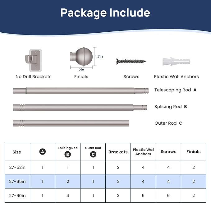 ENJOYBASICS No Drill Curtain Rods for Window 28 to 60 Inches, 5/8 Inch Diameter Renter Friendly Drapery Rod with Adhesive Brackets without Drilling, Adjustable from 27 to 65 Inches, Nickel