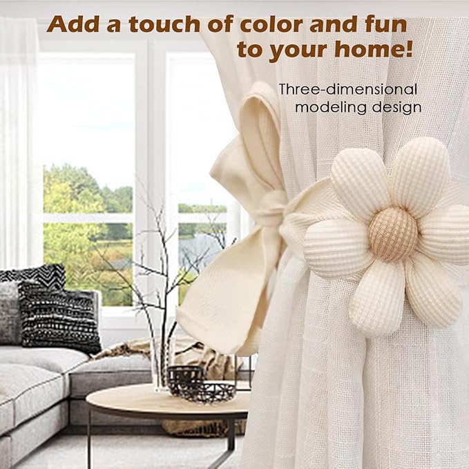 SRG 4PCS Curtain Tiebacks | Boho Flower Curtain Holdbacks | Simple Elegant Sunflower Curtain Holders | Boho Bedroom Decor（2Pcs Cream&2Pcs Khaki）