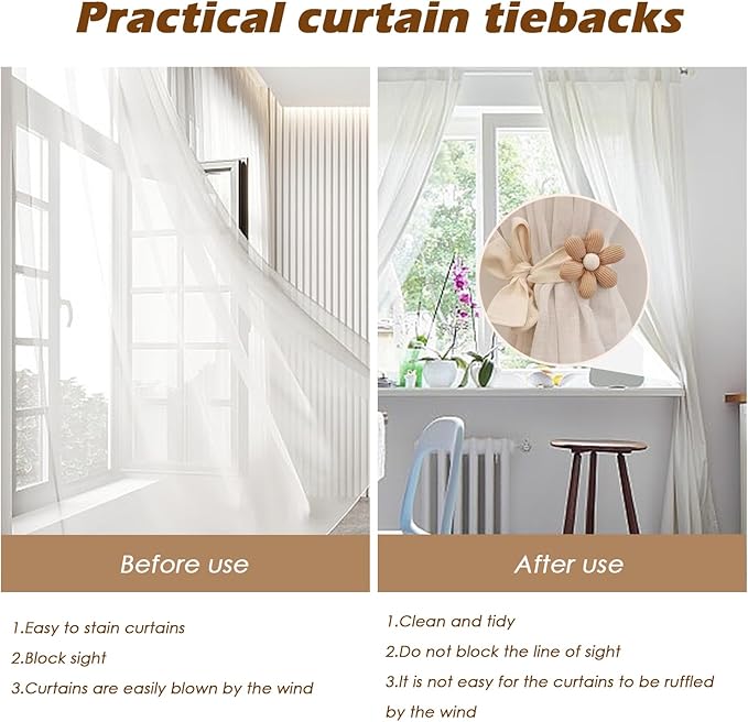 SRG 4PCS Curtain Tiebacks | Boho Flower Curtain Holdbacks | Simple Elegant Sunflower Curtain Holders | Boho Bedroom Decor（2Pcs Cream&2Pcs Khaki）