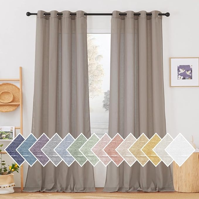 NICETOWN Linen Sheer Curtains 96 inches Long, (Burlap) Grommet Semi Sheer Flax Textued Vertical Drapes Privacy with Light Filtering for Living Room/Farm House, W52 x L96, 1 Pair