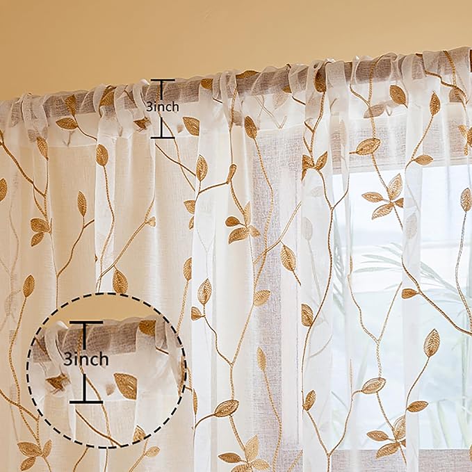 AmHoo 2 Panels Embroidered Leaf Pattern Semi Sheer Curtains Foliage Floral Voile Window Draperies Treatment for Bedroom Living Room Rod Pocket White Taupe 53 x 84 Inch