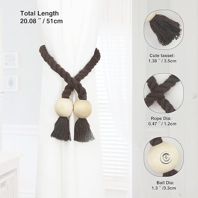 6 Pack Magnetic Curtain Tiebacks Cotton Hand Woven Tie Back Decorative Rope Holdbacks for Curtains Draperies No Tools Required, Coffee