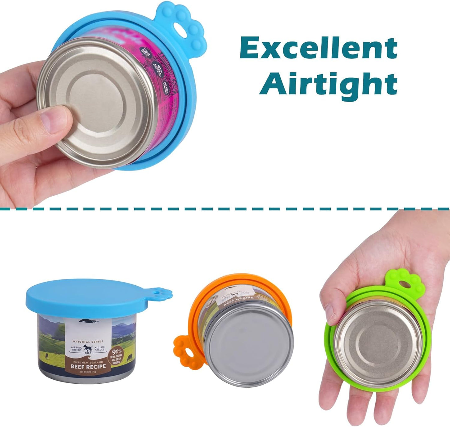 PetBonus 4 Pack Silicone Pet Can Cover Lids, Universal Size for Dog Cat Food, 1 fit 3 Standard Size Can Tops, BPA Free Dishwasher Safe (Blue, Green, Orange, Pink)