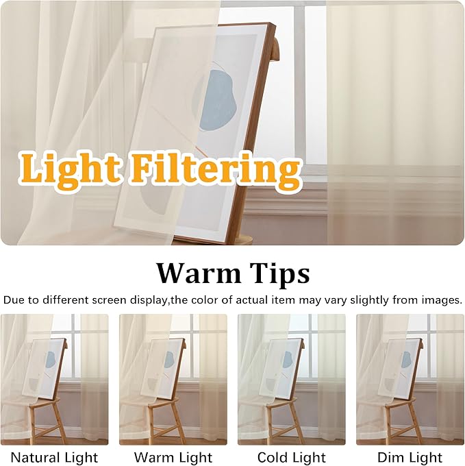 Gwine Cream Sheer Curtains 90 Inches Long 2 Panels Set, Light Filtering Solid Filmy Drapes for Living Room Bedroom, Elegant Soft Rod Pocket Voile Sheer Window Curtains, 42Wx90L Inch, 2PCS, Cream