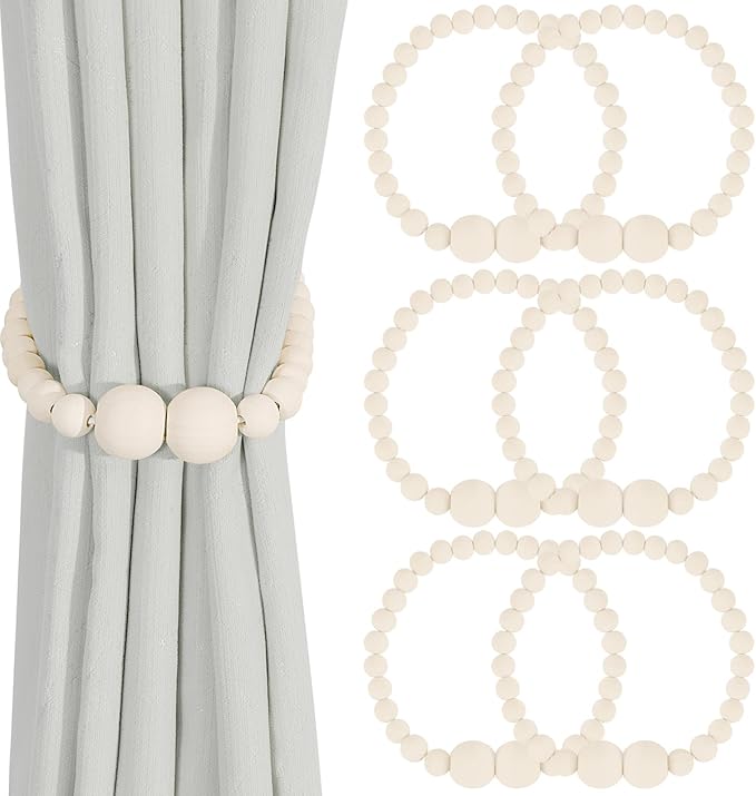 KLOGTSIND Magnetic Curtain Tiebacks, 6 Pack Curtain Holdbacks for Draperies, Wood Bead Curtain Tiebacks, Elegant Curtain Tie Backs for Bedroom Decor, Boho Room Decor, Nursery Decor, Farmhouse Decor
