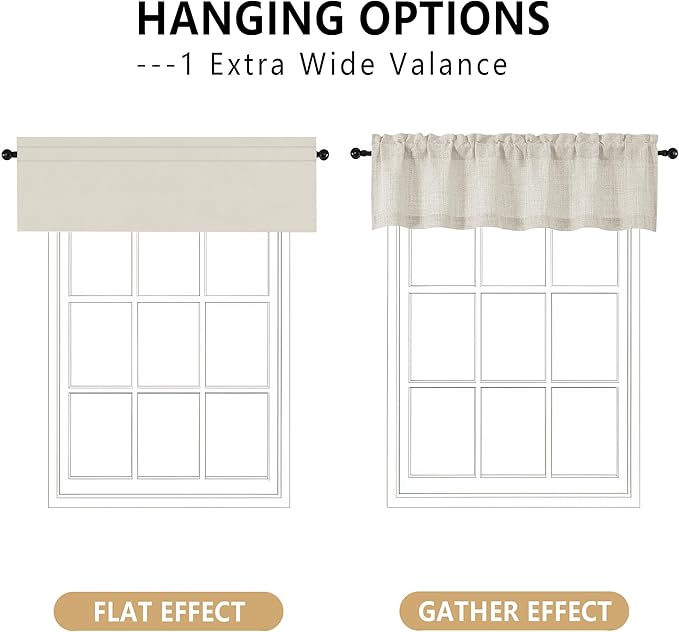 OVZME Natural Valance for Windows, Light Filtering Faux Linen Textured Small Short Valance Kitchen Curtain, Dual Rod Pocket Top Short Window Curtain for Bathroom Basement Farmhouse, 1 Piece, 60Wx14L
