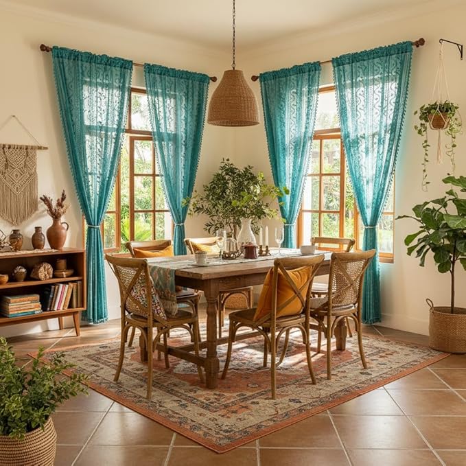 WAZZIO Boho Lace Curtains 2 Panels 84 Inch -Victorian Sheer Panel Drape French Country Floral Pattern & Tassel Light Filtering Privacy for Bedroom Dining Living Room,Coastal Decor,Teal,W52x L84