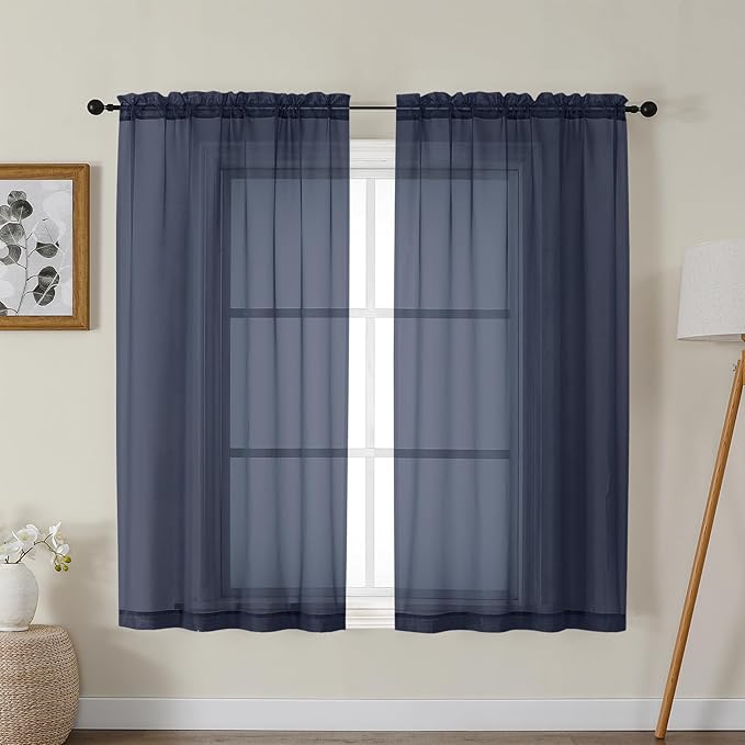 Gwine Navy Blue Sheer Curtains for Bedroom 54 inches Long 2 Panels, Light Filtering Voile Rod Pocket Curtains, Airy Transparent Sheer Drapes for Living Room, Each 42" Wx54 L