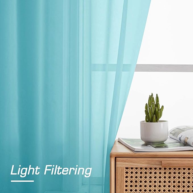 OWENIE Short Aqua Sheer Curtains 30 Inch Length 2 Panels Set, Kitchen Curtains Tiers Light Filtering Rod Pocket Cafe Curtain for Basement Bathroom Small Half Window, 42" W x 30" L, Aqua