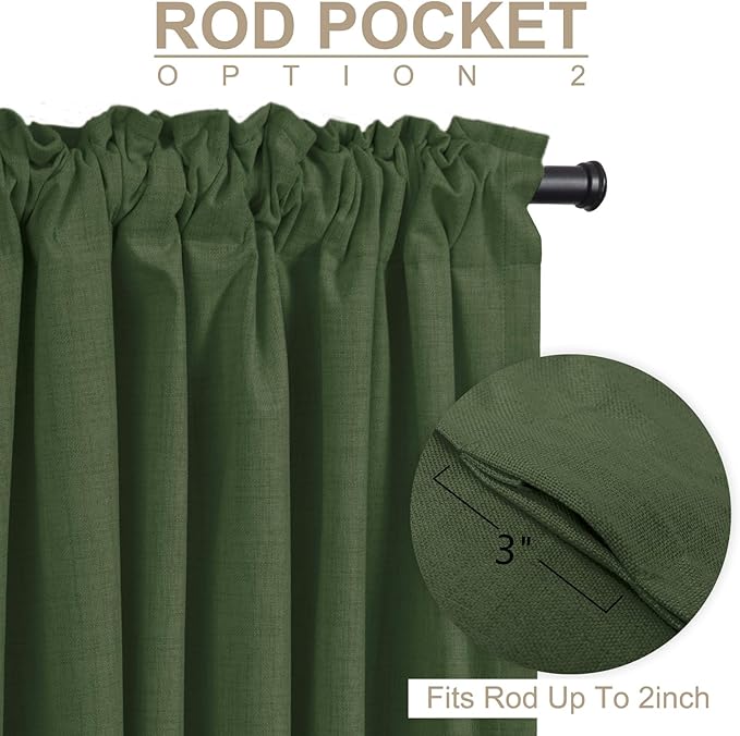 100% Blackout Shield Linen Blackout Curtains for Bedroom 63 Inches Long, Back Tab/Rod Pocket Living Room Drapes, Thermal Insulated Blackout Curtains 2 Panels Set, 50" W x 63" L, Moss Green