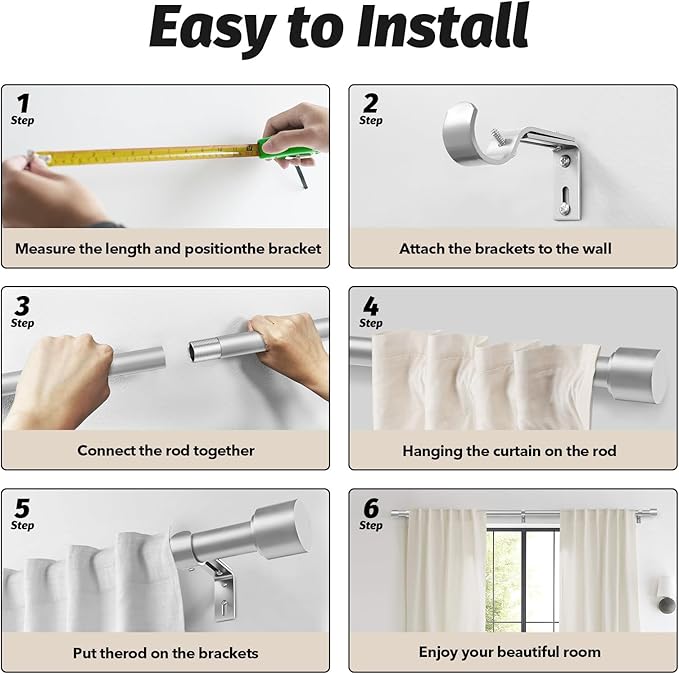 GEEBOBO Silver Curtain Rods for Windows 28 to 48 Inch, 1 Inch Adjustable Heavy Duty Easy Install Curtain Rods Set for Outdoor, Patio, Farmhouse, Bedroom, Living Room (Silver, 30"-60")