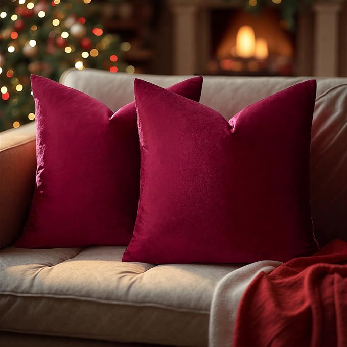 GIGIZAZA Velvet Pillow Covers 18x18: Pack of 2 Throw Pillows Soft Solid Covers - Burgundy Decorative Couch Small Cushion Covers Used for Chrismas Room Decor,Living Room,Bedroom,Sofa