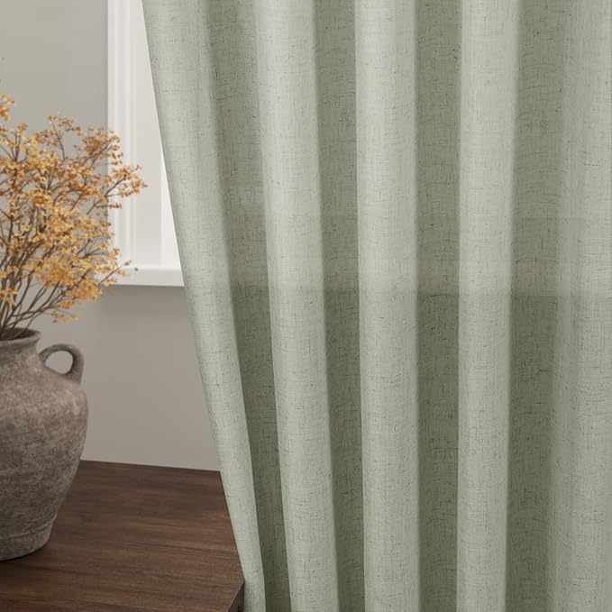 Extra Wide 100 Inch Linen Curtains for Living Room Divider Light Filtering Semi Sheer Back Tab Patio Curtains for Sliding Door Sage Green Coastal Decor Sunroom Floor to Ceiling Window Curtain 100x84