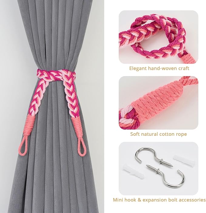 NICEEC 2 Pack Natural Cotton Rope Curtain Tiebacks Elegant Boho Style Decorative Drape Tie Backs Soft Hand-Woven Rope Curtain Holdbacks with Metal Hook for Home & Office Drapery (Gradient Red)