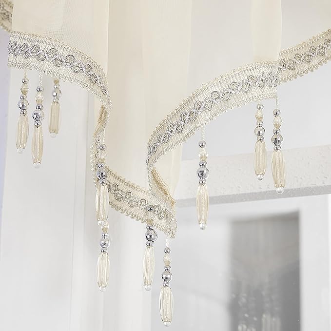 Molaxhome Swag Curtain 51 inch Length Rod Pocket Scalloped Curtain Valance Sheer Lace Panels with Hanging Crystal Beads for Kitchen Bedroom Window Treatments Drape Decor 1pc (Beige, 51Wx23L)