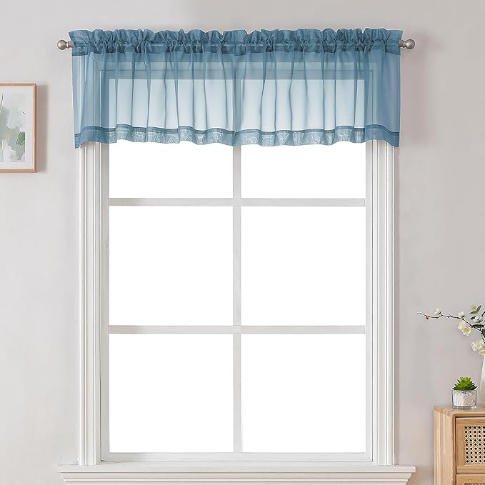 Chyhomenyc Sheer Valances for Windows 2 Pack, Small Window Curtains for Living Room Bathroom Cafe Laundry Basement, Modern Top Dual Rod Pocket Voile Curtain, 42W x 18L inches, Stone Blue