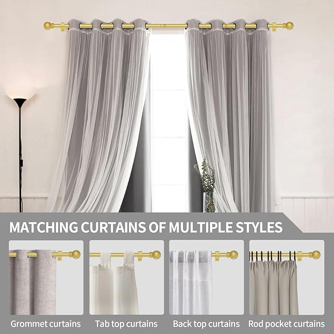 Thestoa Gold Curtain Rods for Windows 66-120 Inch, 5/8" Stainless Steel Small Curtain Rod for Bedroom, Living Room, Kitchen, Farmhouse