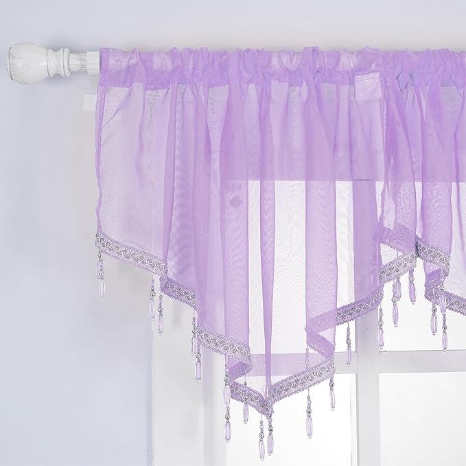 Molaxhome Swag Curtain 51 inch Length Rod Pocket Scalloped Curtain Valance Sheer Lace Panels with Hanging Crystal Beads for Kitchen Bedroom Window Treatments Drape Decor 1pc (Purple, 51Wx23L)