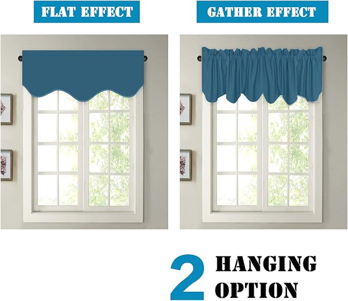 H.VERSAILTEX 2 Panels Blackout Curtain Valances for Kitchen Windows/Living Room/Bathroom Privacy Protection Rod Pocket Decoration Scalloped Window Valance Curtains, 52" W x 18" L, Dark Teal