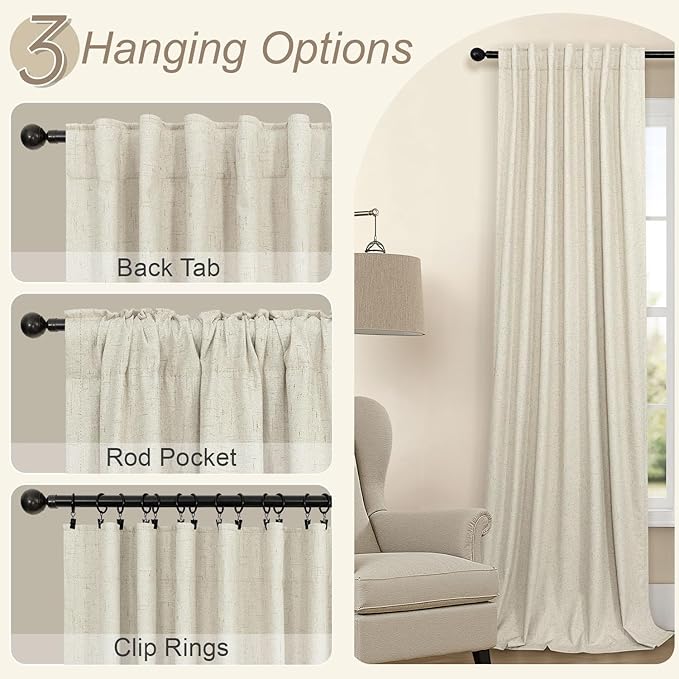 Burlap Curtains 90 Inches Long for Bedroom 2 Panel 100 Percent Blackout Linen Textured Full Light Blocking Cottage Drape for Living Room Dining Noise Reducing Sound Proof Curtains 52x90 Length Beige