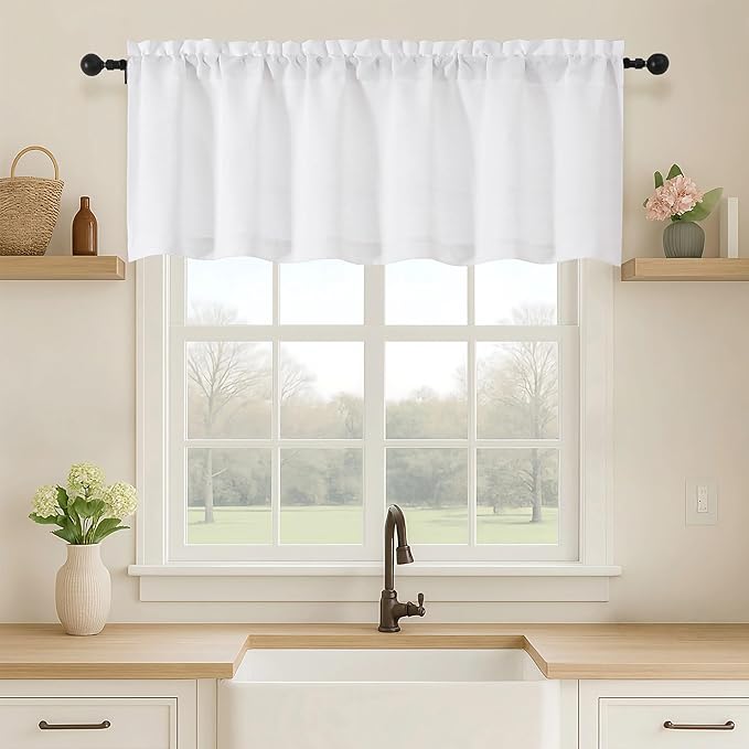 OVZME White Valance for Windows, Light Filtering Thick Textured Small Kitchen Valances for Window, Dual Rod Pocket Farmhouse Short Curtain for Bathroom Basement, 1 Piece, 52Wx18L Inch