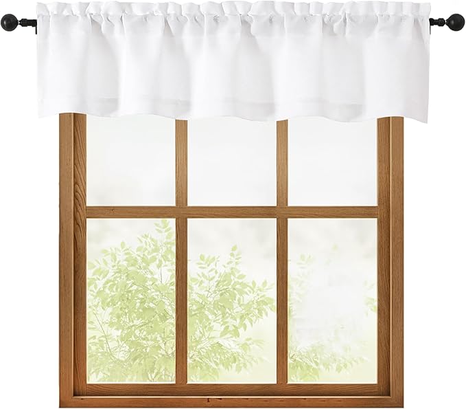 OWENIE White Valances for Windows 1 Pcs, Light Filtering Textured Farmhouse Short Small Valance Curtains for Bathroom Basement Living Room Bedroom, Rod Pocket Half Curtains for Windows, 52Wx12L Inch