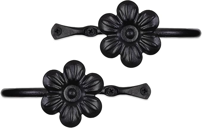 RTZEN Decorative Metal Curtain Tiebacks - Farmhouse Wrought Iron Curtain Holdbacks - Drapery Holders for Wall - Unique Metal Tie Backs for Curtains - 2 Pcs (Black Flower)