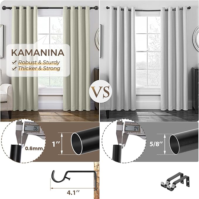 KAMANINA 1 Inch Curtain Rod Telescoping Single Drapery Rod 36 to 72 Inches (3-6 Feet), Black Curtain Rods for Windows 24 to 68 Inches, Netted Texture Finials