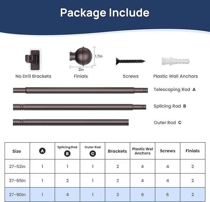 ENJOYBASICS No Drill Curtain Rods for Window 48 to 84 Inches, 5/8 Inch Diameter Renter Friendly Drapery Rod with Adhesive Brackets without Drilling, Adjustable from 27 to 90 Inches, Bronze