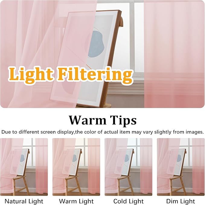 Gwine Blush Pink Sheer Curtains 63 Inch Length for Living Room 2 Panels, Light Filtering Rod Pocket Window Curtain Treatment for Bedroom, Voile Elegant Sheer Drapes，Each 42" Wx63 L, Blush Pink